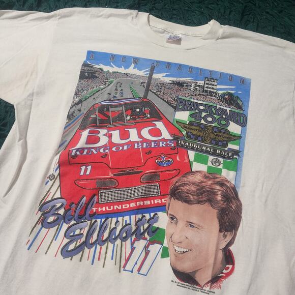 Vintage Bill Elliott Brickyard 400 Budweiser NASCAR Tee 90s USA Made XL - Picture 2 of 7
